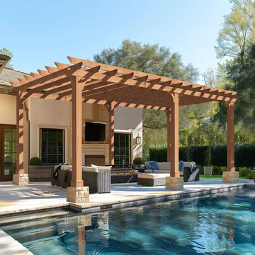 12 x 20 FT cedar wood pavilion with flat roof, outdoor garden shelter including wooden stakes, terrace, deck, backyard, lawn