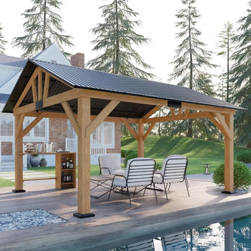 13x15 ft Wood Gazebo, Outdoor Gazebo with Bar Storage Space for Garden, Hardtop Gazebo with Metal Steel Gable Roof, Garage