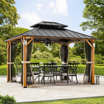 10'x12' Hardtop Gazebo: 4 LED Lights, Galvanized Steel Double Roof, Mosquito Netting, Wood-Look, Patio Gazebo with Decor Hooks